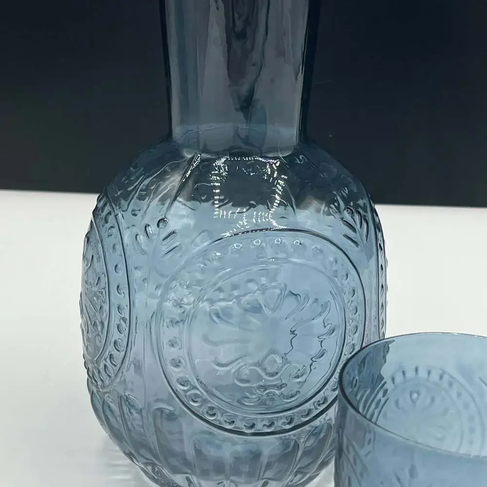 NWOT Art Glass Smokey Blue Embossed Pressed Design Tumble Up Set As Is